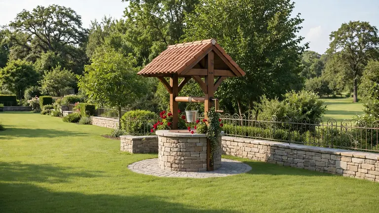 Pozo tradicional de piedra con tejadillo en un jardín