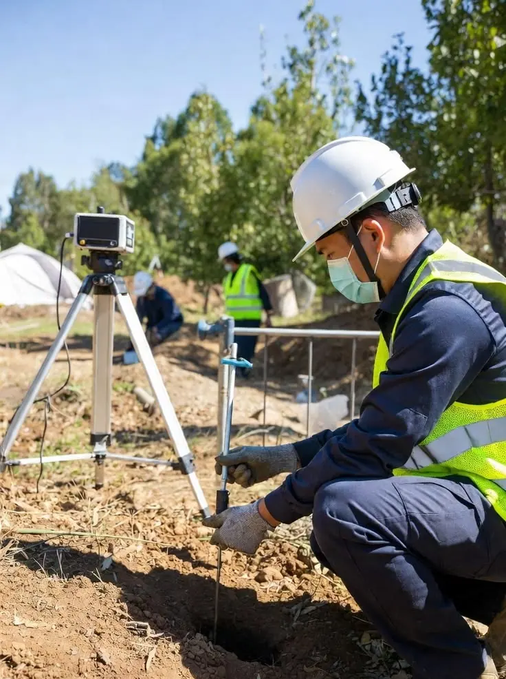 Técnico con casco tomando datos del terreno junto a un equipo sobre trípode